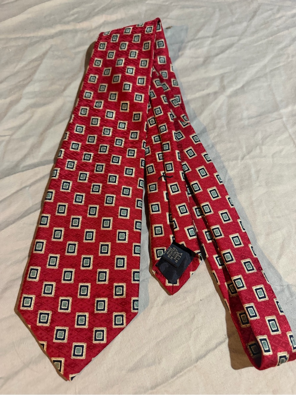 Jos. A. Bank Red Silk Tie with Geometric Square Pattern